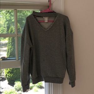 Grey V-neck cut choker sweater